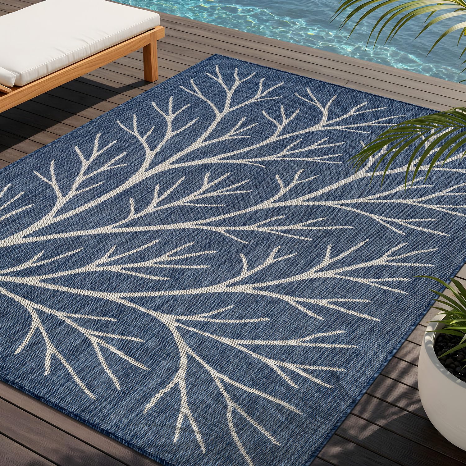 Washable Indoor Outdoor Rug 6x9 Modern Area Rugs Branch Pattern Non Shedding Waterproof Easy Clean Patio Deck Porch Living Room Bedroom Garden RV (6 X 9 Blue)