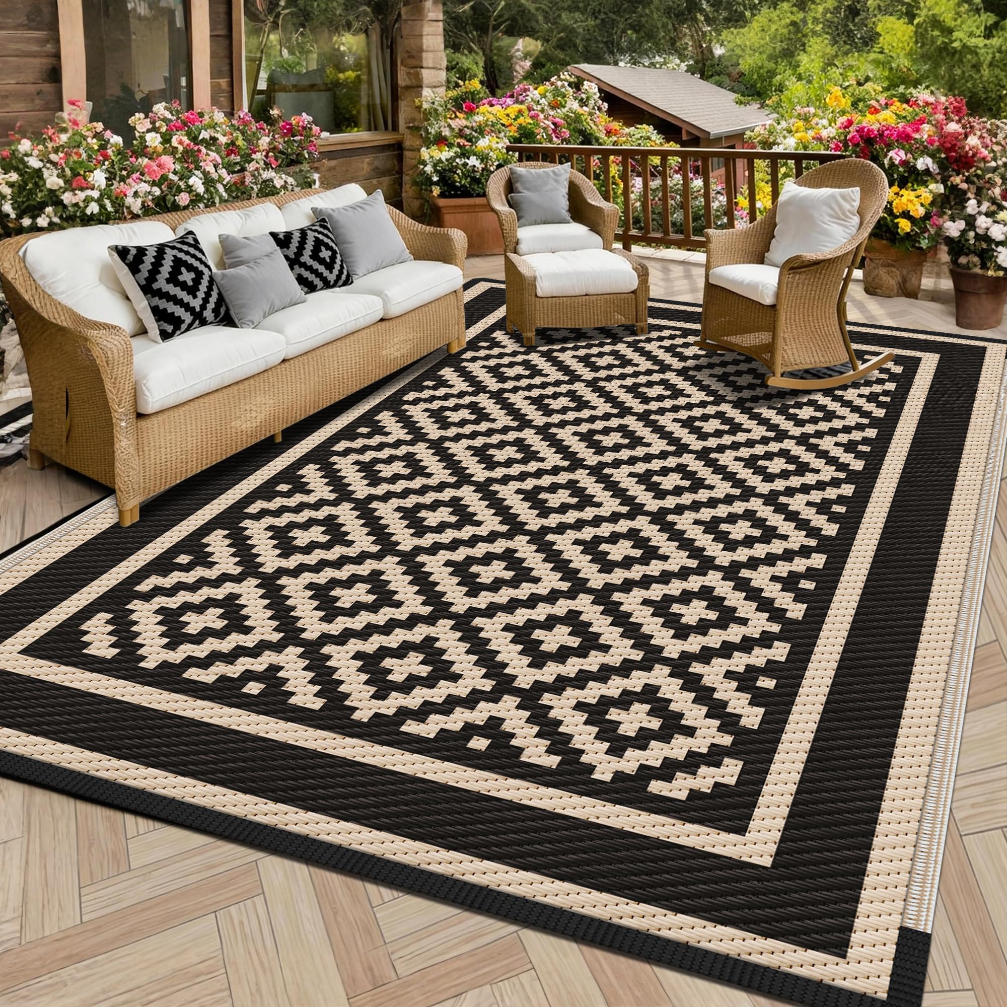 Kohree Outdoor Rug 9x12 Reversible, Waterproof Outdoor Plastic Straw Rug RV Patio Mat, Non-Slip Easy-Cleaning RV Outdoor Mat Carpet for Deck, Patio, Camping, Balcony, Deck, Backyard (Grey & White)