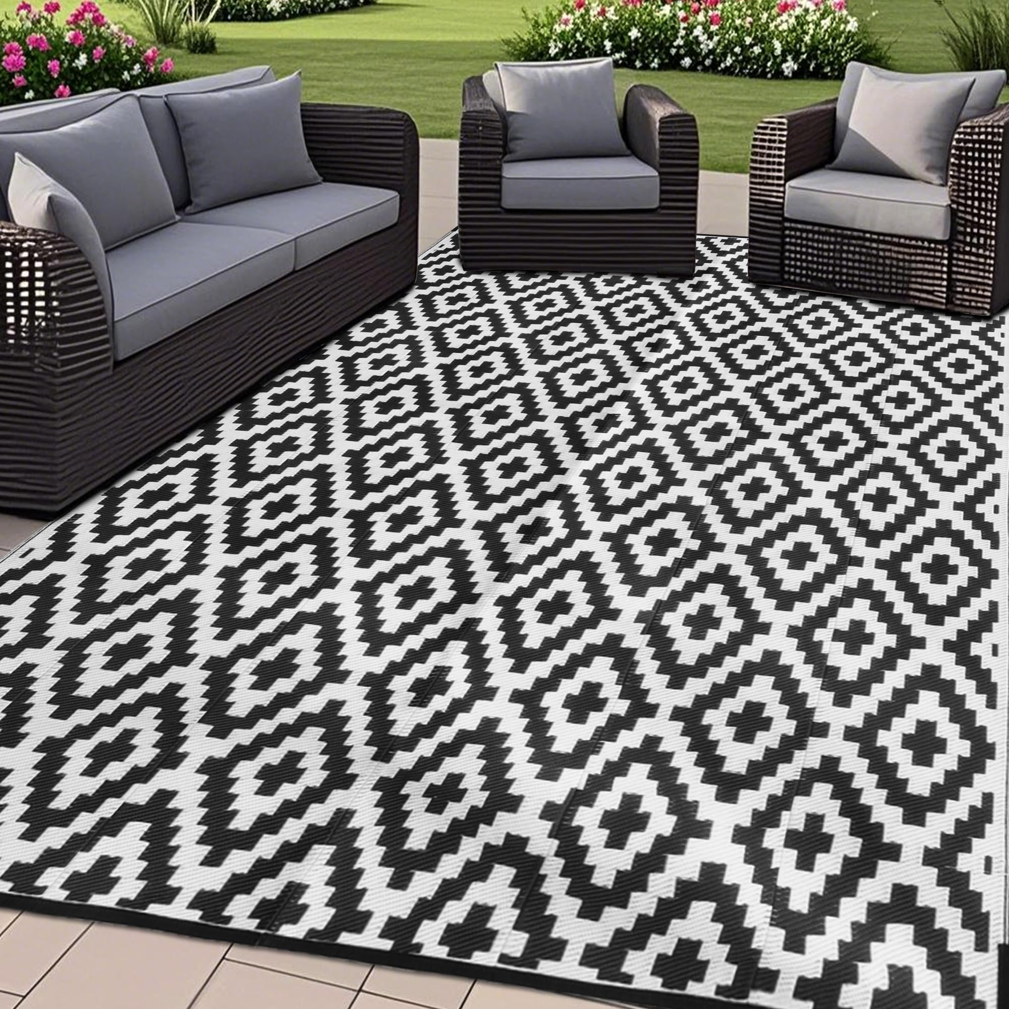 SAND MINE Waterproof Outdoor Rug 5x8 ft, Plastic Reversible Rug, Modern Area Rug, Large Floor Mat for Outdoors, RV, Patio, Backyard, Deck, Picnic, Beach, Camping, Black & Beige