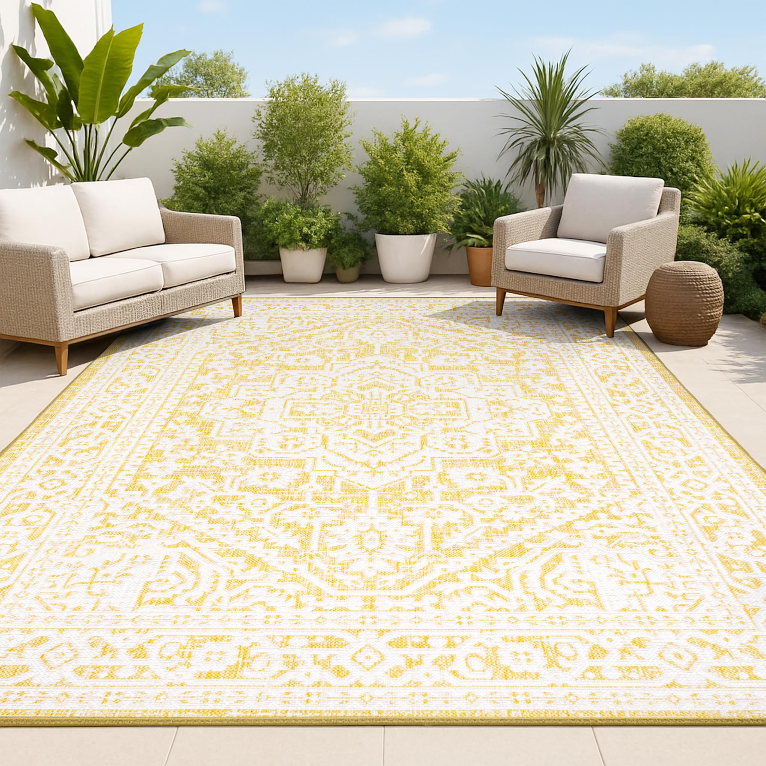JONATHAN Y Medallion Weave Indoor Outdoor Area Rug 9X12 Teal Blue/Gray, Sinjuri Textured for Backyard, Patio, Porch, Easy-Cleaning, High Traffic, Pet-Friendly, Non-Shedding (SMB101C-9)