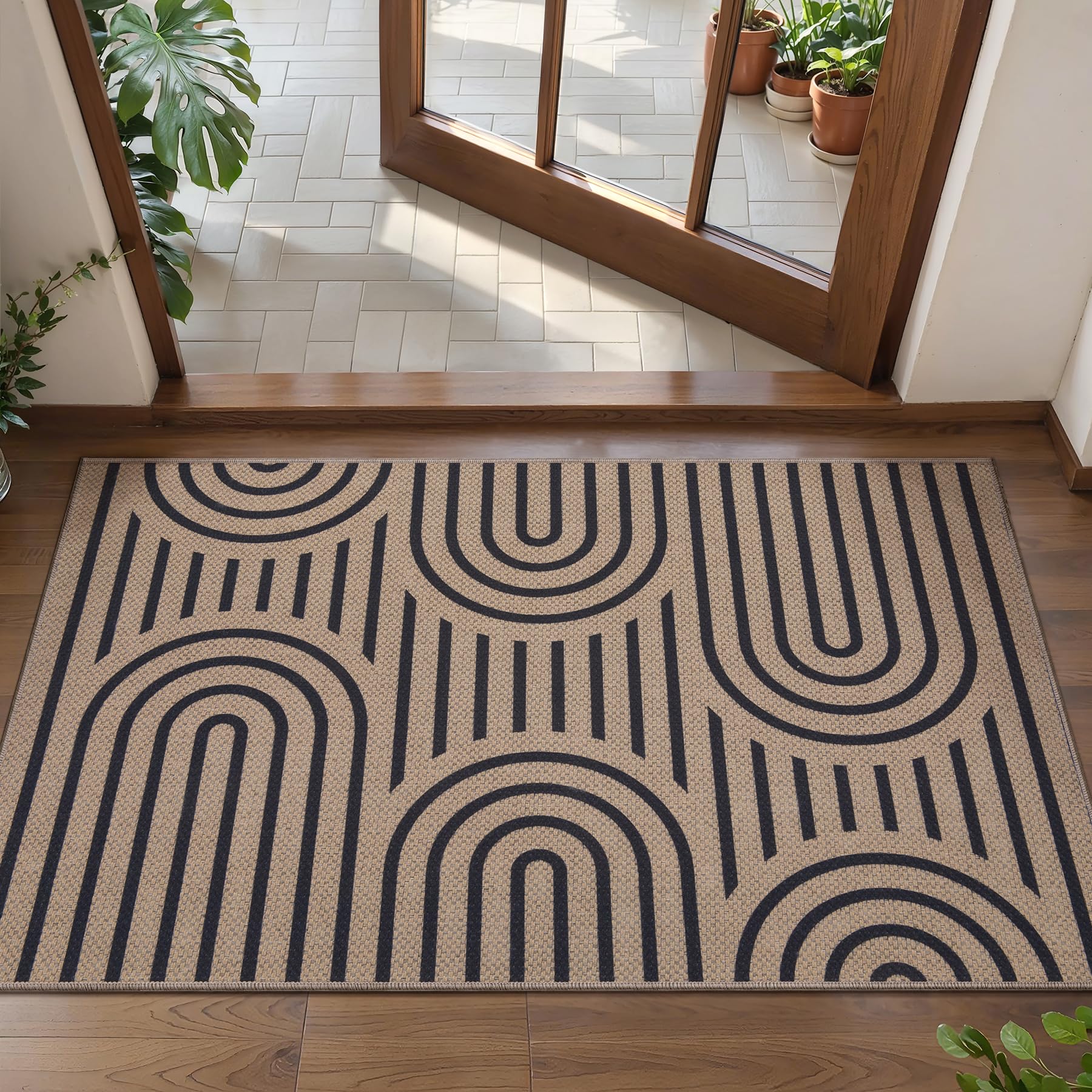 Tangsoo Rainbow Easy Jute Rug 5x7 Large Washable Area Rug for Living Room,Black Non-Slip Thin Outdoor Rug,Modern Farmhouse Indoor Carpet for Dining Room Table Bedroom Patio