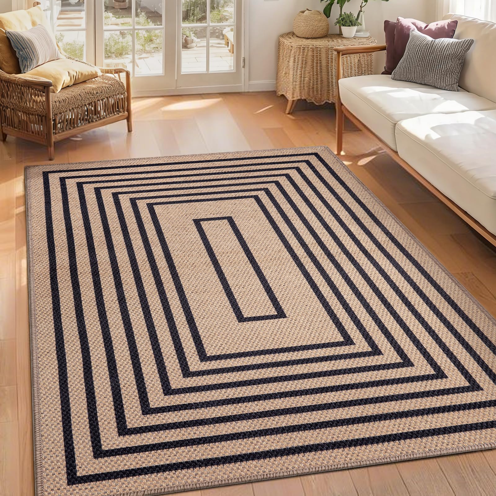 Tangsoo Rainbow Easy Jute Rug 5x7 Large Washable Area Rug for Living Room,Black Non-Slip Thin Outdoor Rug,Modern Farmhouse Indoor Carpet for Dining Room Table Bedroom Patio