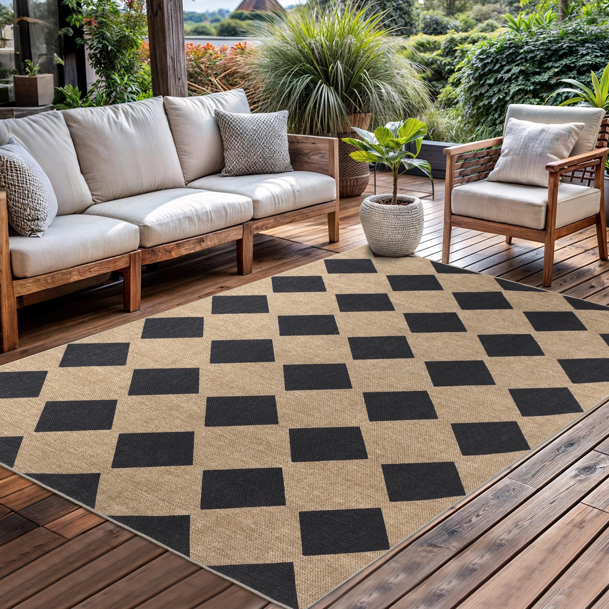 Striped Easy Jute Rug 5x7 Outdoor Patio Rug Washable Rugs for Living Room Bedroom Non Slip Non Shedding Neutral Farmhouse Indoor Outdoor Carpet for Backyard Patio Office