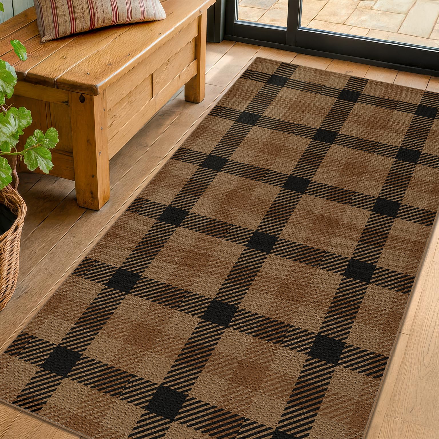 Washable Plaid Indoor Outdoor Rug 3x5 for Front Porch, Entryway, Patio, No Shed Easy Jute Non Slip TPR Backing Area Rug for Large Kitchen, Farmhouse Black & Tan Checkered Seegrass Aesthetic