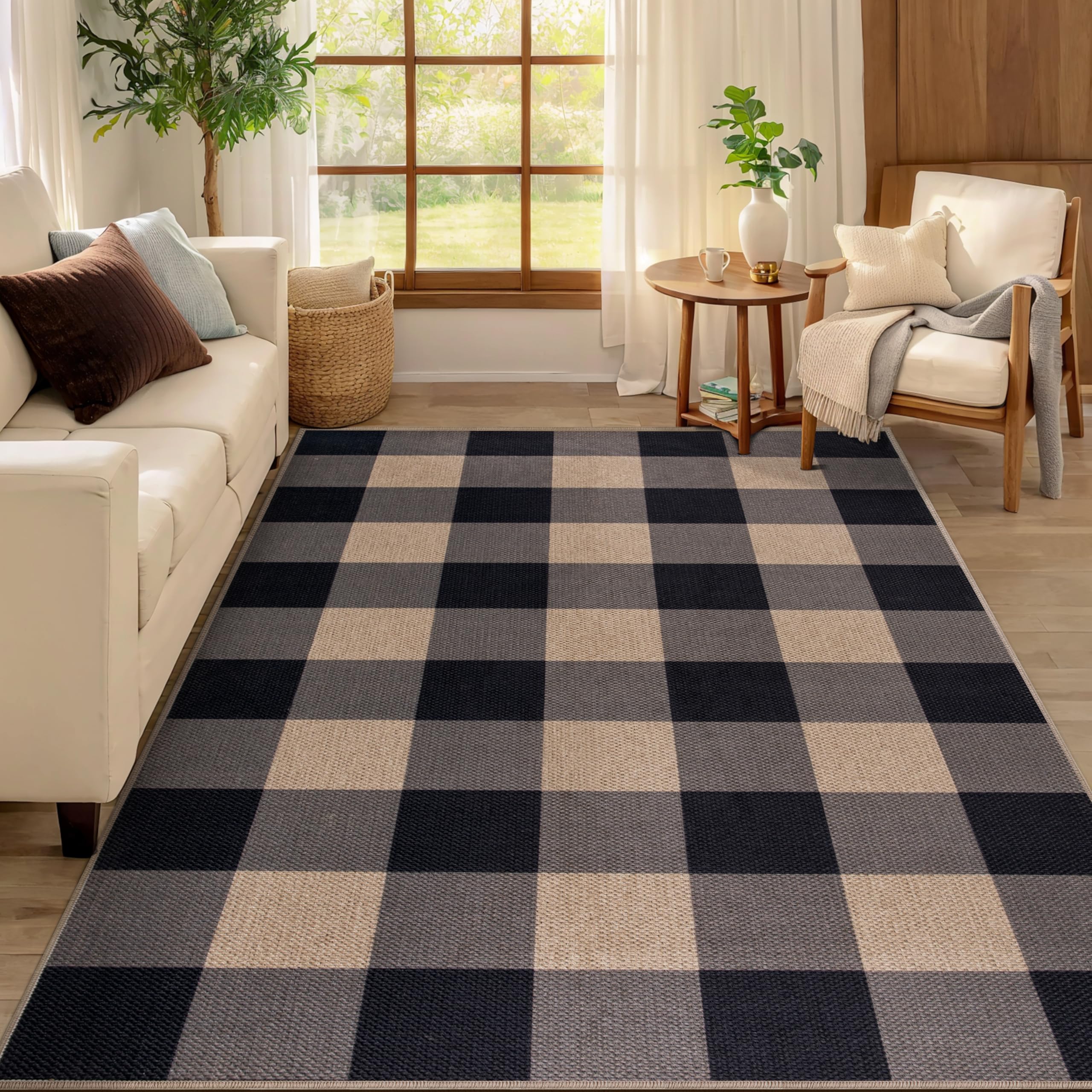 Tangsoo Rainbow Easy Jute Rug 5x7 Large Washable Area Rug for Living Room,Black Non-Slip Thin Outdoor Rug,Modern Farmhouse Indoor Carpet for Dining Room Table Bedroom Patio