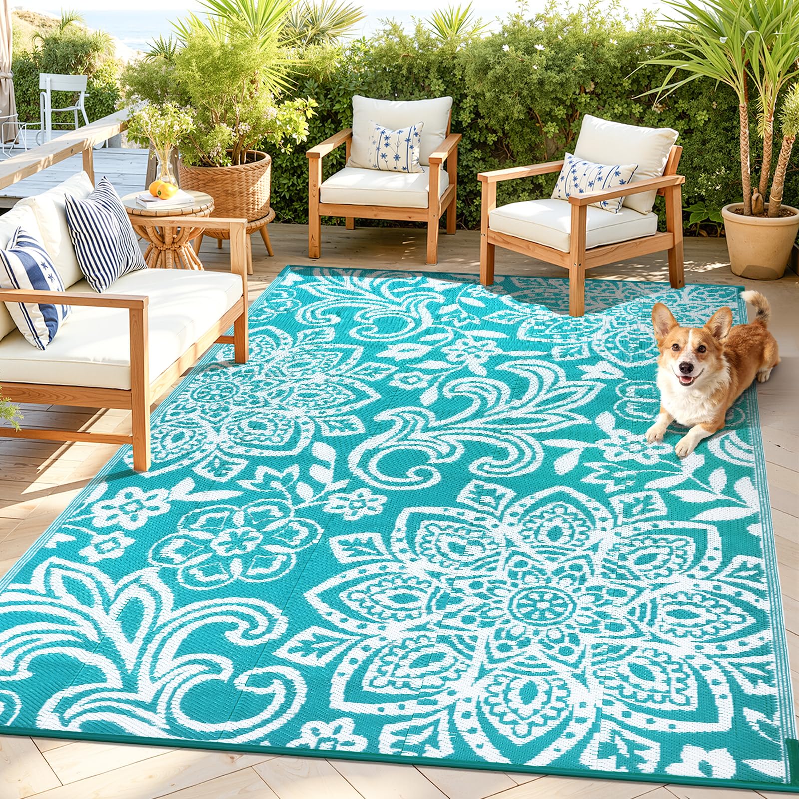 Findosom Waterproof Outdoor Rug 8' x 10' - Reversible Mandala Outdoor Plastic Straw Rug, Durable Foldable Patio Rug for RV, Deck, Balcony, Backyard, Picnic, Porch, Camping, Beach, Gray