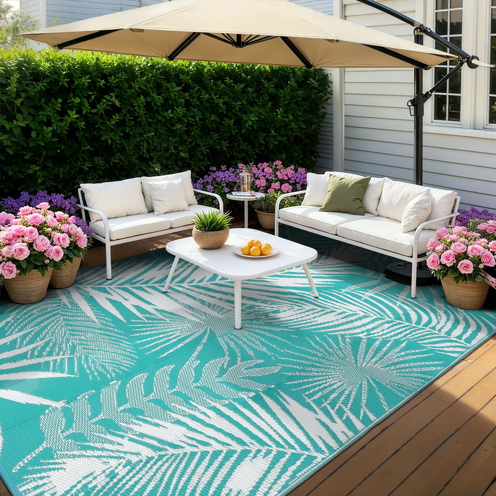 Outdoor Rug for Patios Clearance, 6x9 Waterproof RV Rugs for Outside, Reversible Plastic Straw Mat Large Quick Drying Outdoor Rugs for Deck Trailers Campers Porch Beach Backyard,Teal & White