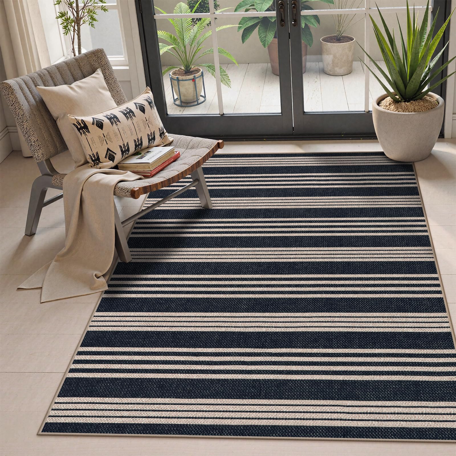 Lahome Striped Easy Jute Outdoor Patio Rug, 3x5 Washable Rugs for Entryway Porch, Farmhouse Neutral Non Shedding Indoor Outdoor Carpet for Entry Kitchen Guestroom Deck Foyer