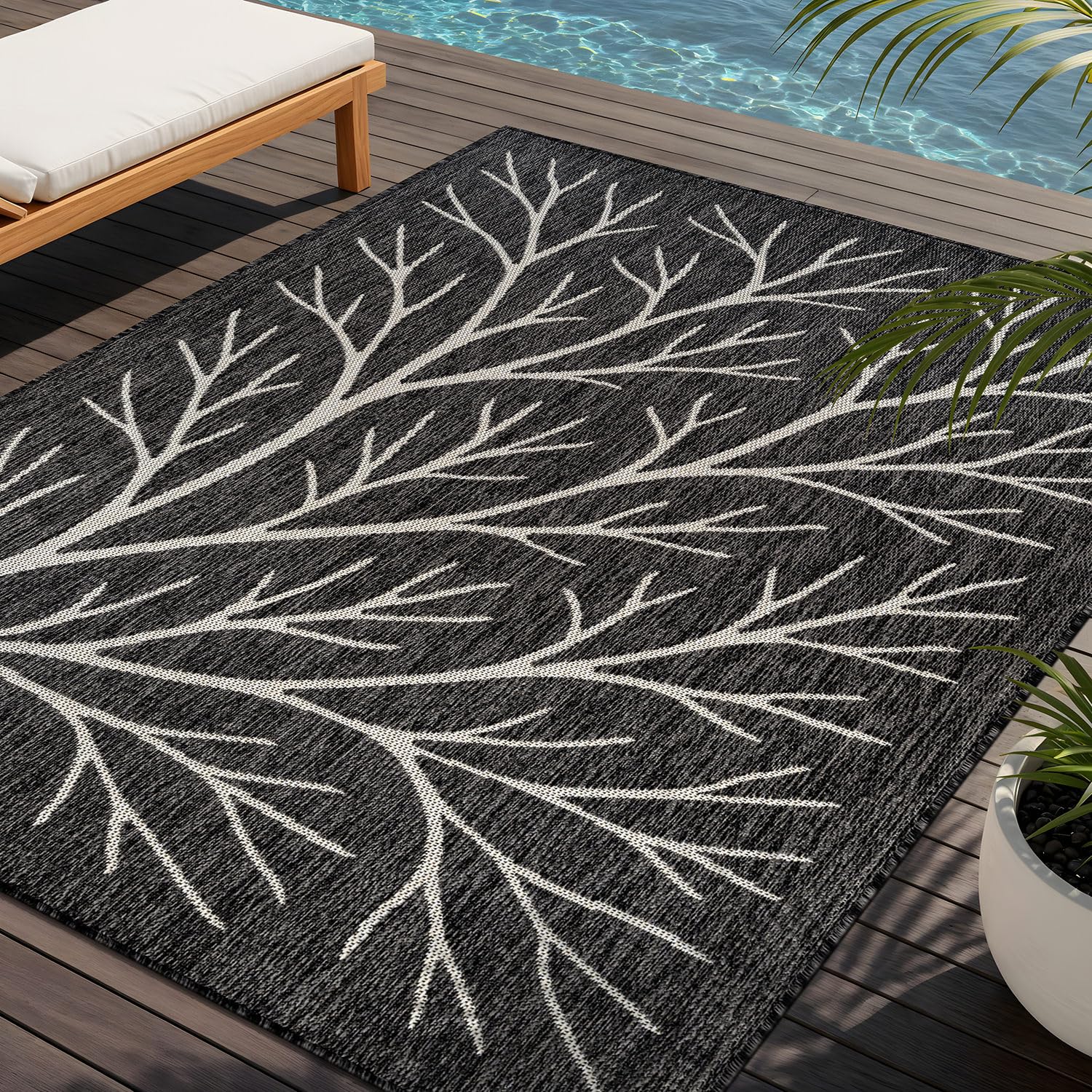 Washable Indoor Outdoor Rug 6x9 Modern Area Rugs Branch Pattern Non Shedding Waterproof Easy Clean Patio Deck Porch Living Room Bedroom Garden RV (6 X 9 Blue)