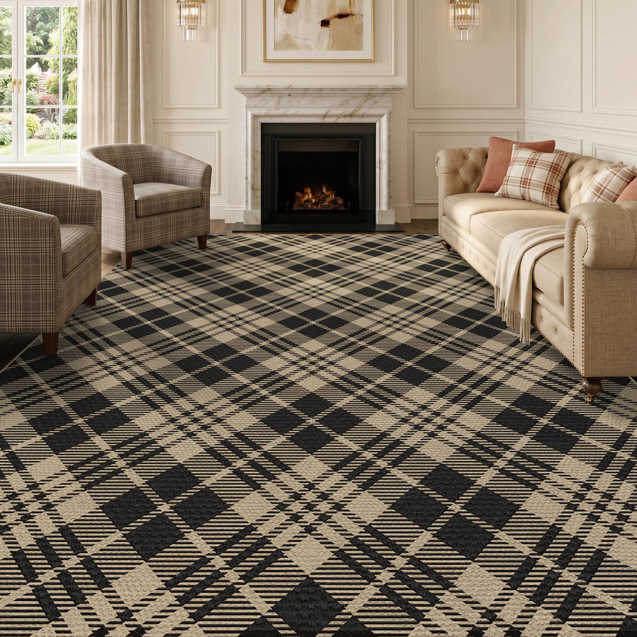 Washable Plaid Indoor Outdoor Rug 3x5 for Front Porch, Entryway, Patio, No Shed Easy Jute Non Slip TPR Backing Area Rug for Large Kitchen, Farmhouse Black & Tan Checkered Seegrass Aesthetic