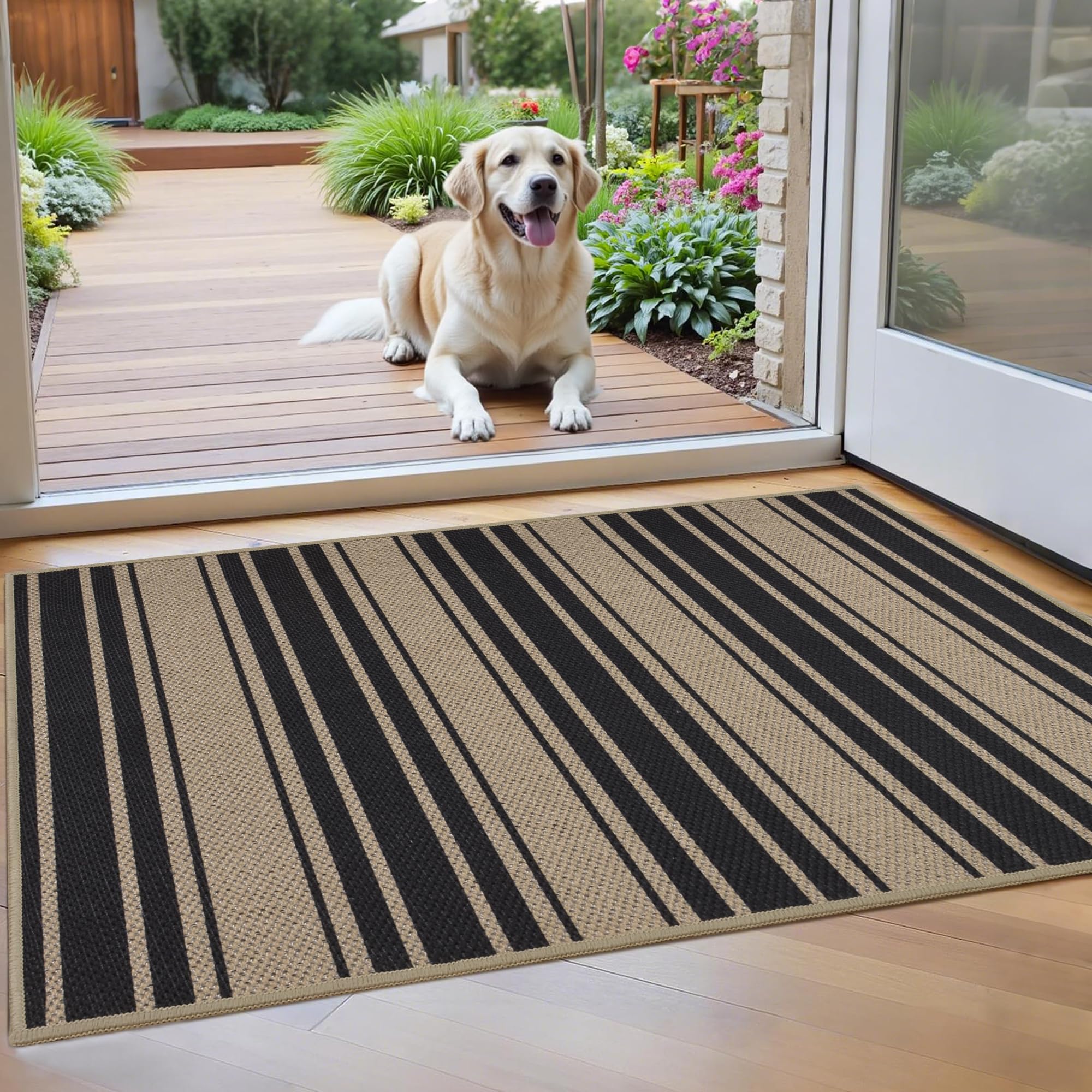 Striped Easy Jute Rug 5x7 Outdoor Patio Rug Washable Rugs for Living Room Bedroom Non Slip Non Shedding Neutral Farmhouse Indoor Outdoor Carpet for Backyard Patio Office