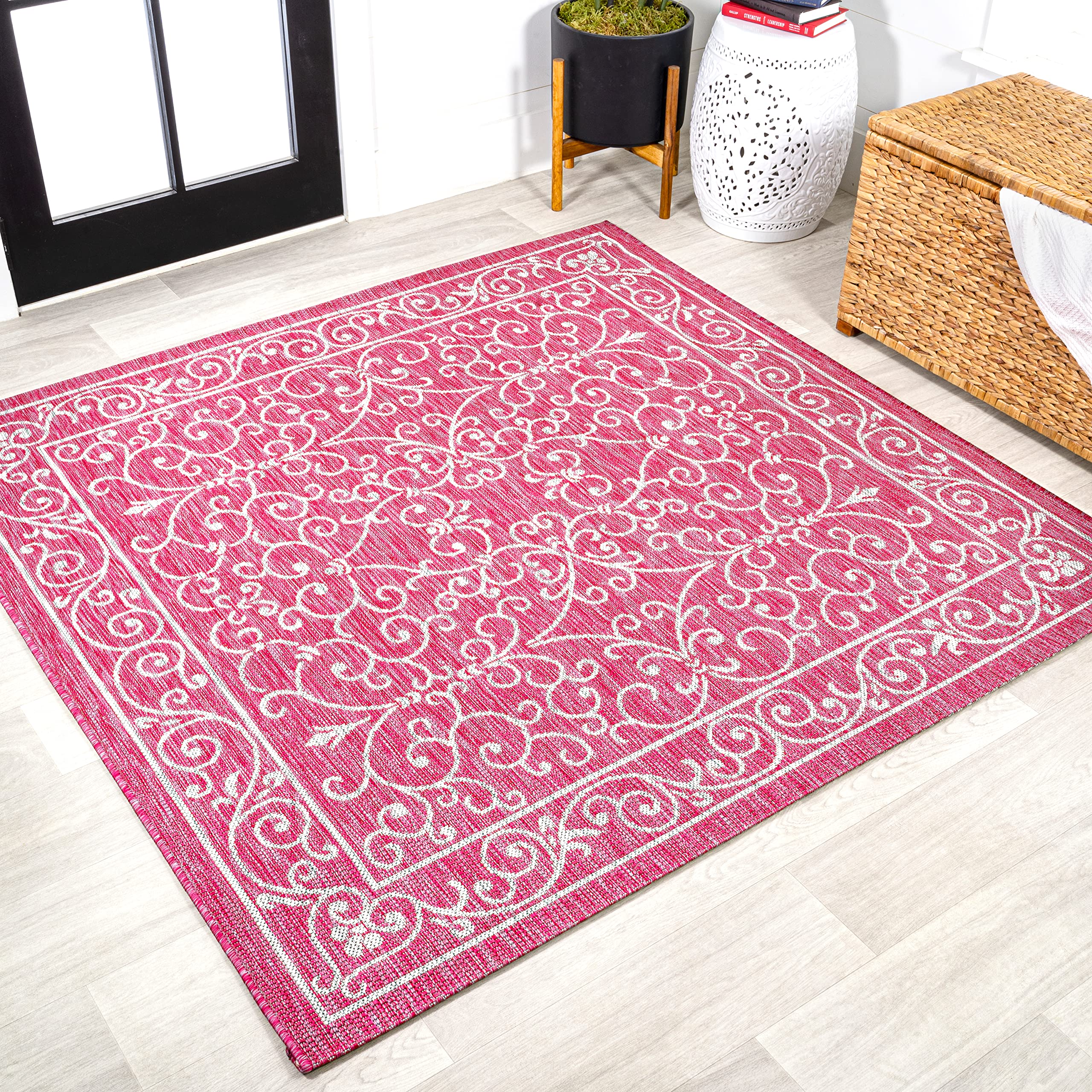 JONATHAN Y Vintage Filigree Indoor Outdoor Area Rug 5X8 Red/Beige, Charleston Textured Weave for Backyard, Patio, Porch, Easy-Cleaning, High Traffic, Pet-Friendly, Non-Shedding (SMB106B-5)