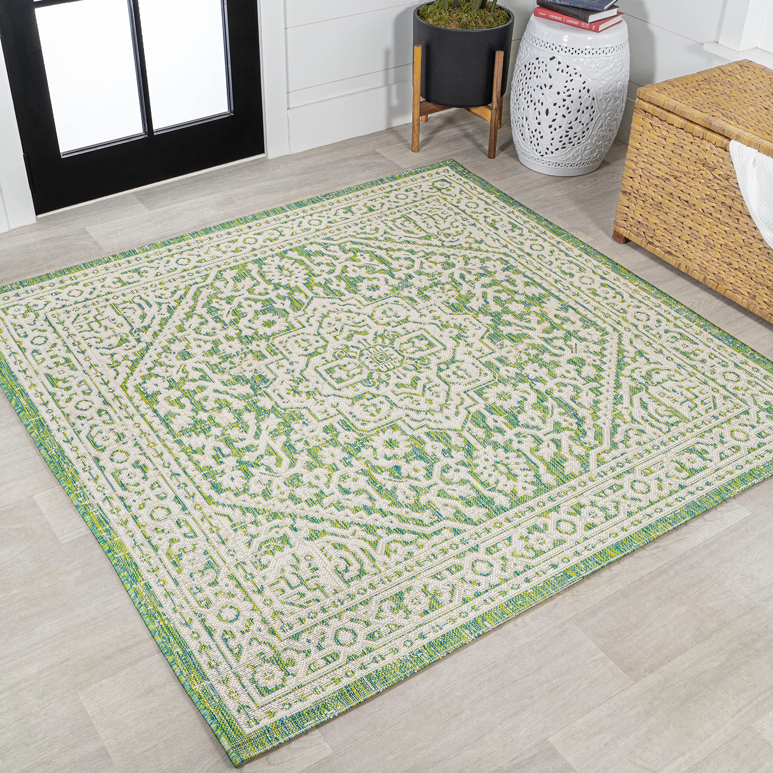 JONATHAN Y Medallion Weave Indoor Outdoor Area Rug 9X12 Teal Blue/Gray, Sinjuri Textured for Backyard, Patio, Porch, Easy-Cleaning, High Traffic, Pet-Friendly, Non-Shedding (SMB101C-9)