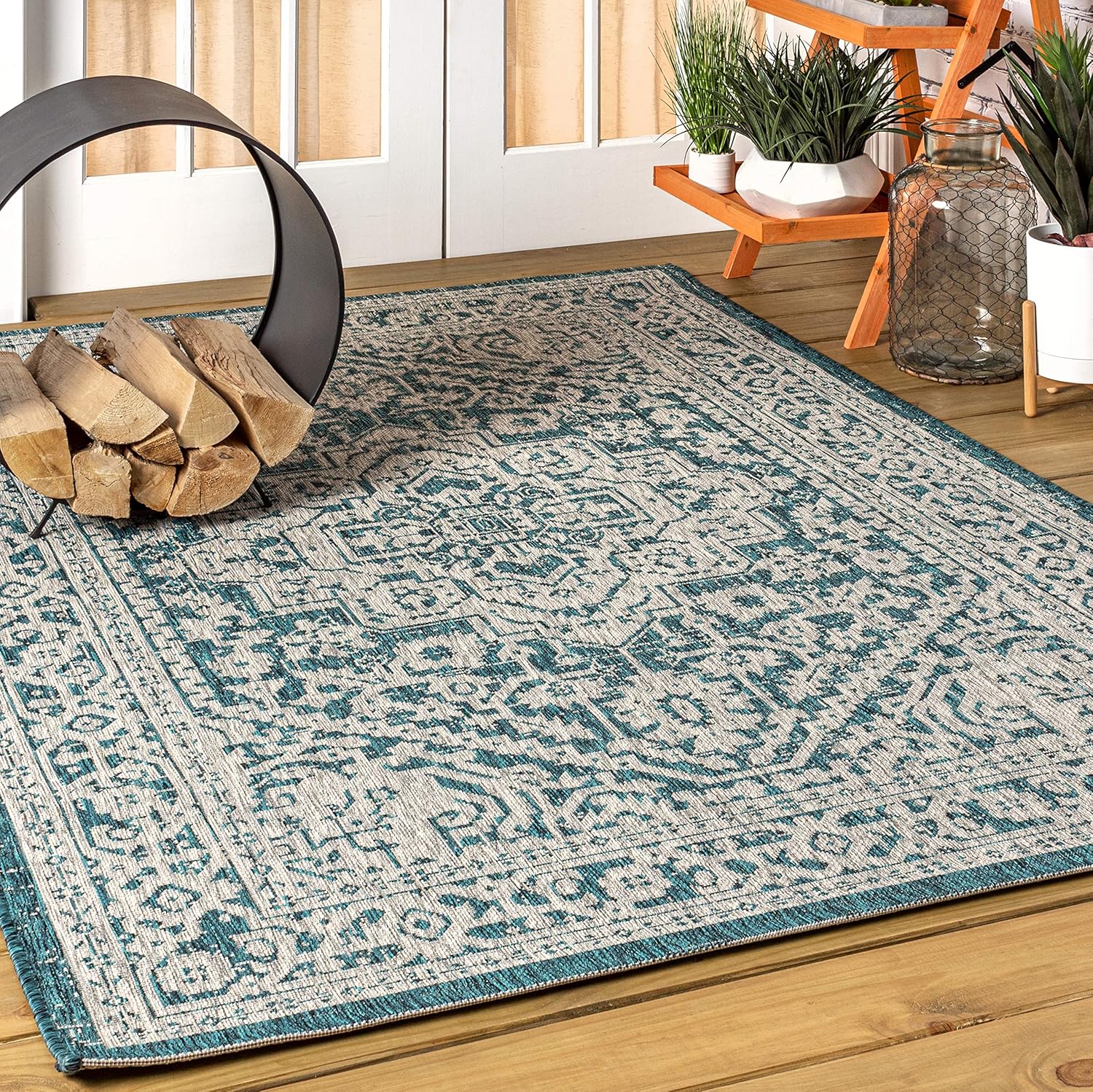 JONATHAN Y Medallion Weave Indoor Outdoor Area Rug 9X12 Teal Blue/Gray, Sinjuri Textured for Backyard, Patio, Porch, Easy-Cleaning, High Traffic, Pet-Friendly, Non-Shedding (SMB101C-9)