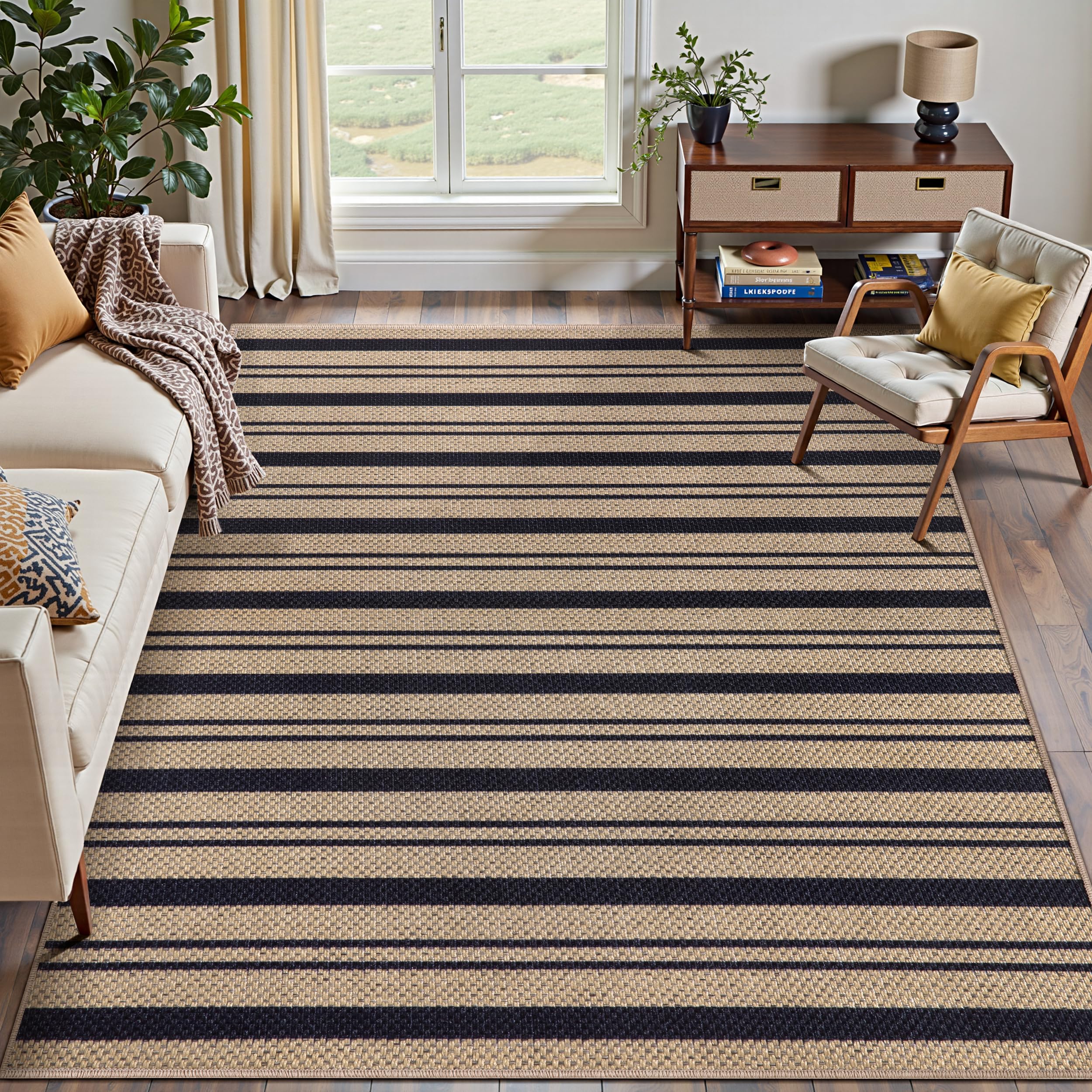 Tangsoo Rainbow Easy Jute Rug 5x7 Large Washable Area Rug for Living Room,Black Non-Slip Thin Outdoor Rug,Modern Farmhouse Indoor Carpet for Dining Room Table Bedroom Patio