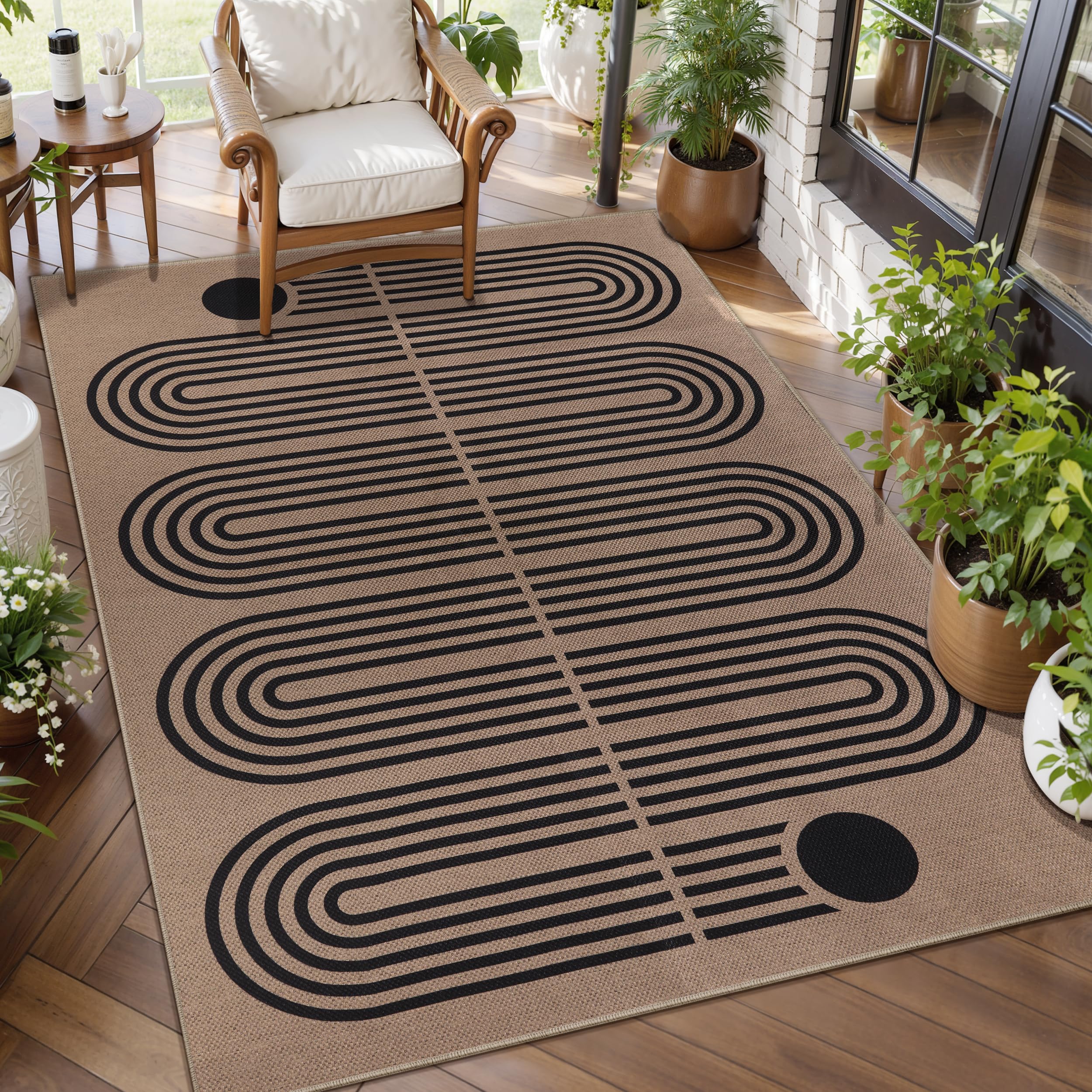 Tangsoo Rainbow Easy Jute Rug 5x7 Large Washable Area Rug for Living Room,Black Non-Slip Thin Outdoor Rug,Modern Farmhouse Indoor Carpet for Dining Room Table Bedroom Patio