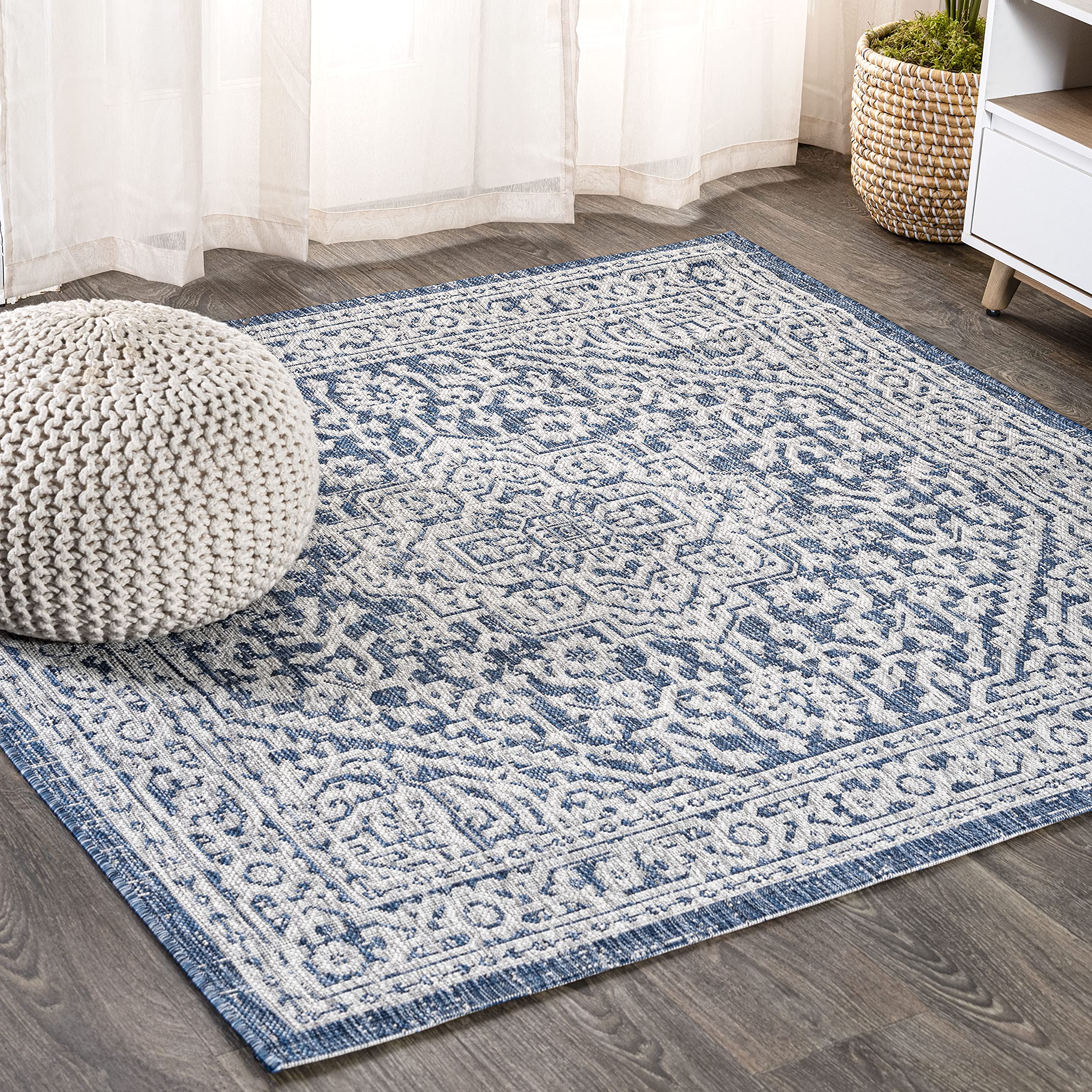 JONATHAN Y Medallion Weave Indoor Outdoor Area Rug 9X12 Teal Blue/Gray, Sinjuri Textured for Backyard, Patio, Porch, Easy-Cleaning, High Traffic, Pet-Friendly, Non-Shedding (SMB101C-9)