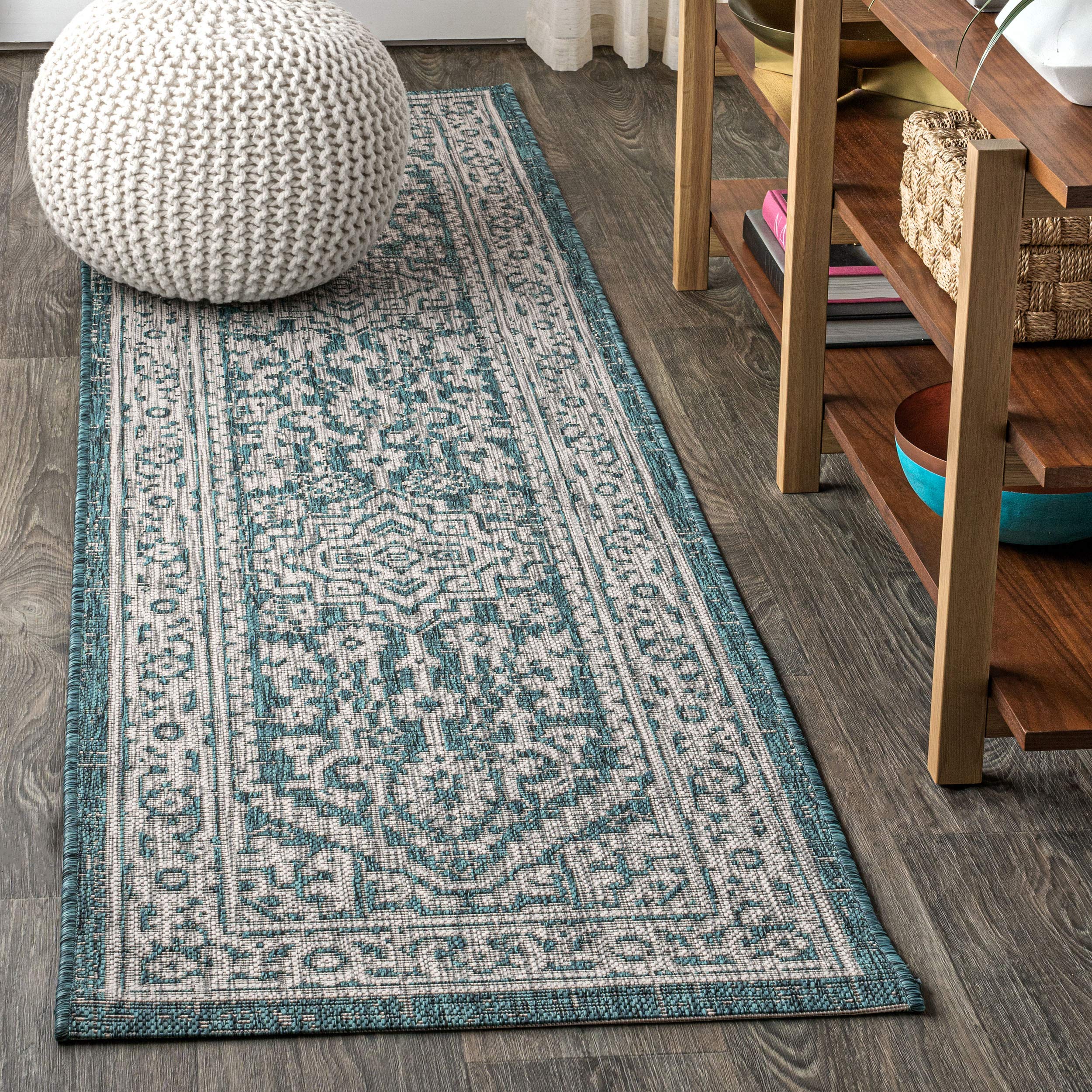 JONATHAN Y Medallion Weave Indoor Outdoor Area Rug 9X12 Teal Blue/Gray, Sinjuri Textured for Backyard, Patio, Porch, Easy-Cleaning, High Traffic, Pet-Friendly, Non-Shedding (SMB101C-9)