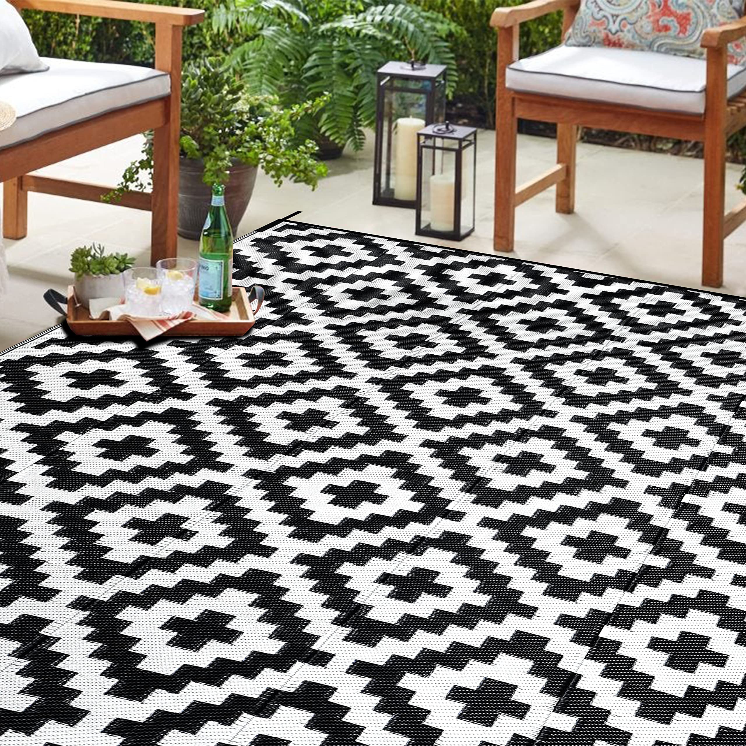 SAND MINE Waterproof Outdoor Rug 5x8 ft, Plastic Reversible Rug, Modern Area Rug, Large Floor Mat for Outdoors, RV, Patio, Backyard, Deck, Picnic, Beach, Camping, Black & Beige