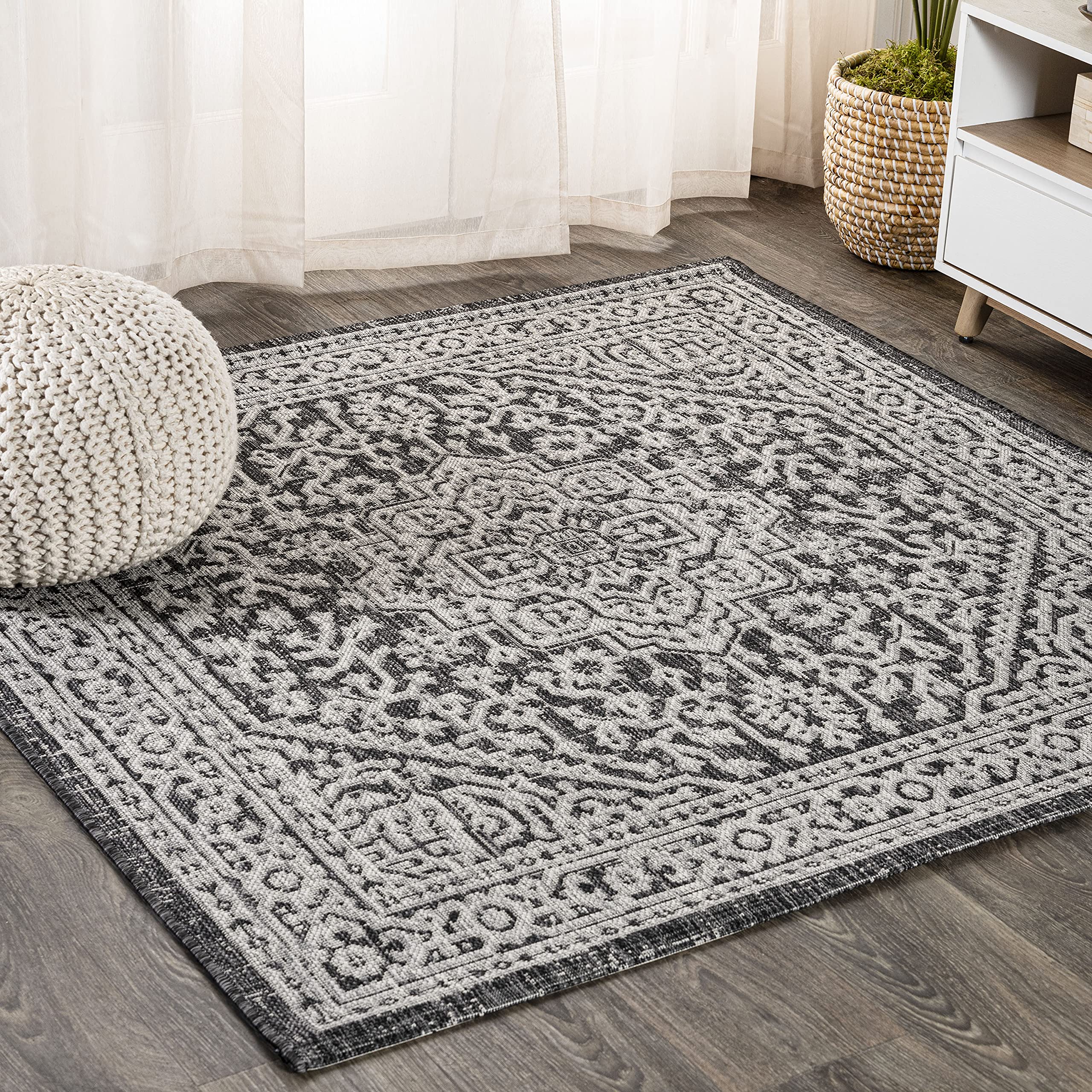 JONATHAN Y Medallion Weave Indoor Outdoor Area Rug 9X12 Teal Blue/Gray, Sinjuri Textured for Backyard, Patio, Porch, Easy-Cleaning, High Traffic, Pet-Friendly, Non-Shedding (SMB101C-9)