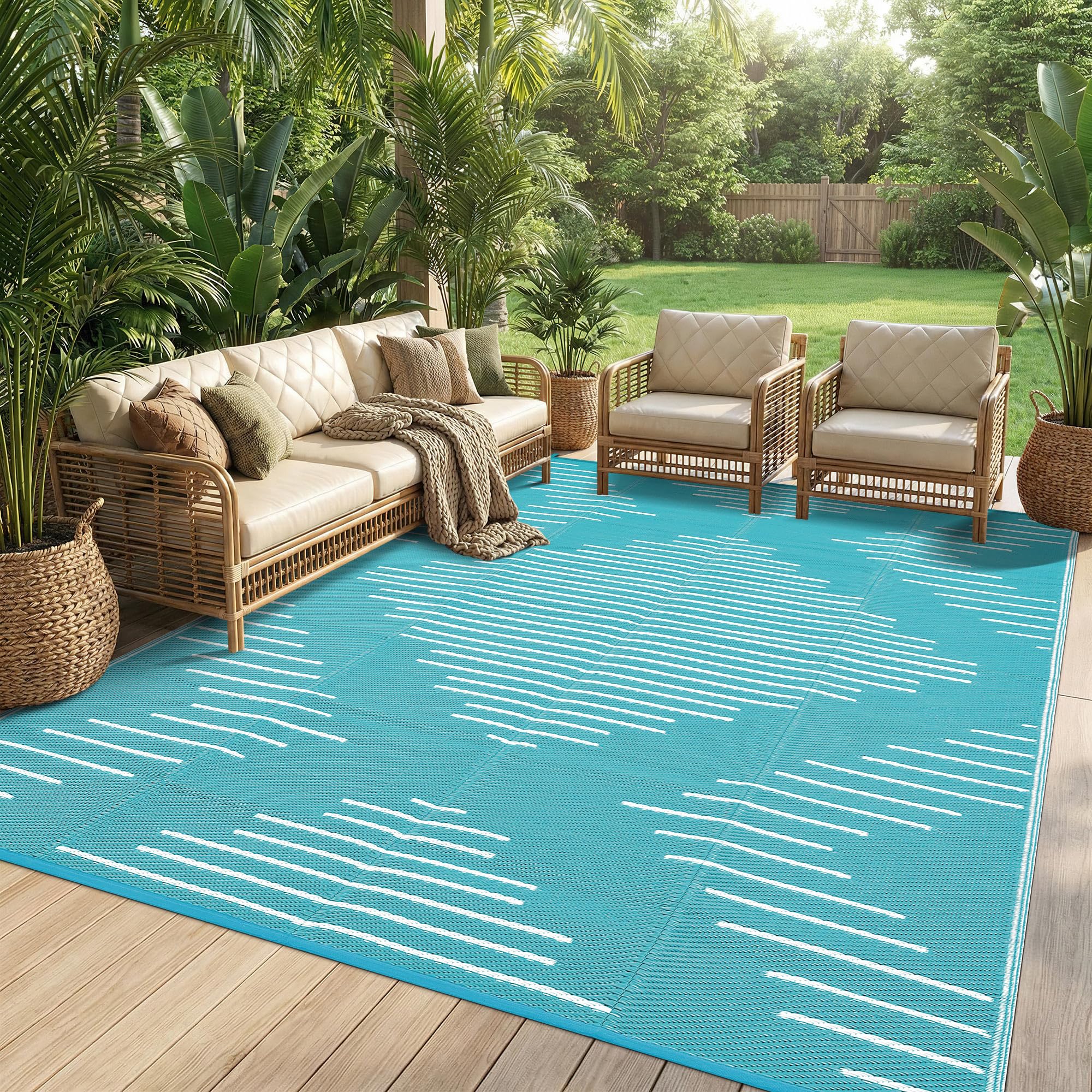 Garvee 6x9 Area Rugs Plastic Reversible Patio Rugs Outdoor Waterproof Easy-Cleaning Large Floor Mat for Outdoors Backyard Porch RV Beach Picnic Black White
