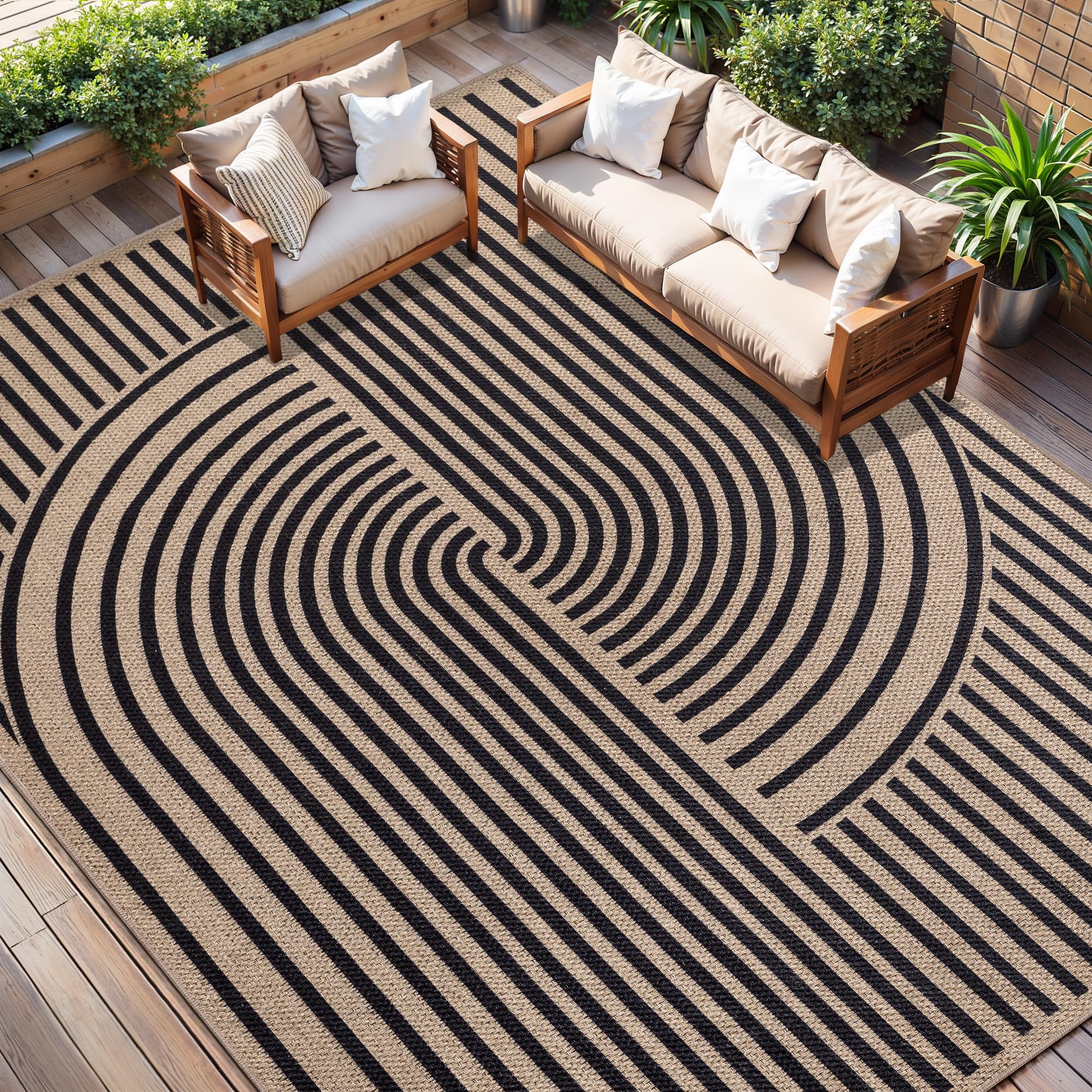Tangsoo Rainbow Easy Jute Rug 5x7 Large Washable Area Rug for Living Room,Black Non-Slip Thin Outdoor Rug,Modern Farmhouse Indoor Carpet for Dining Room Table Bedroom Patio