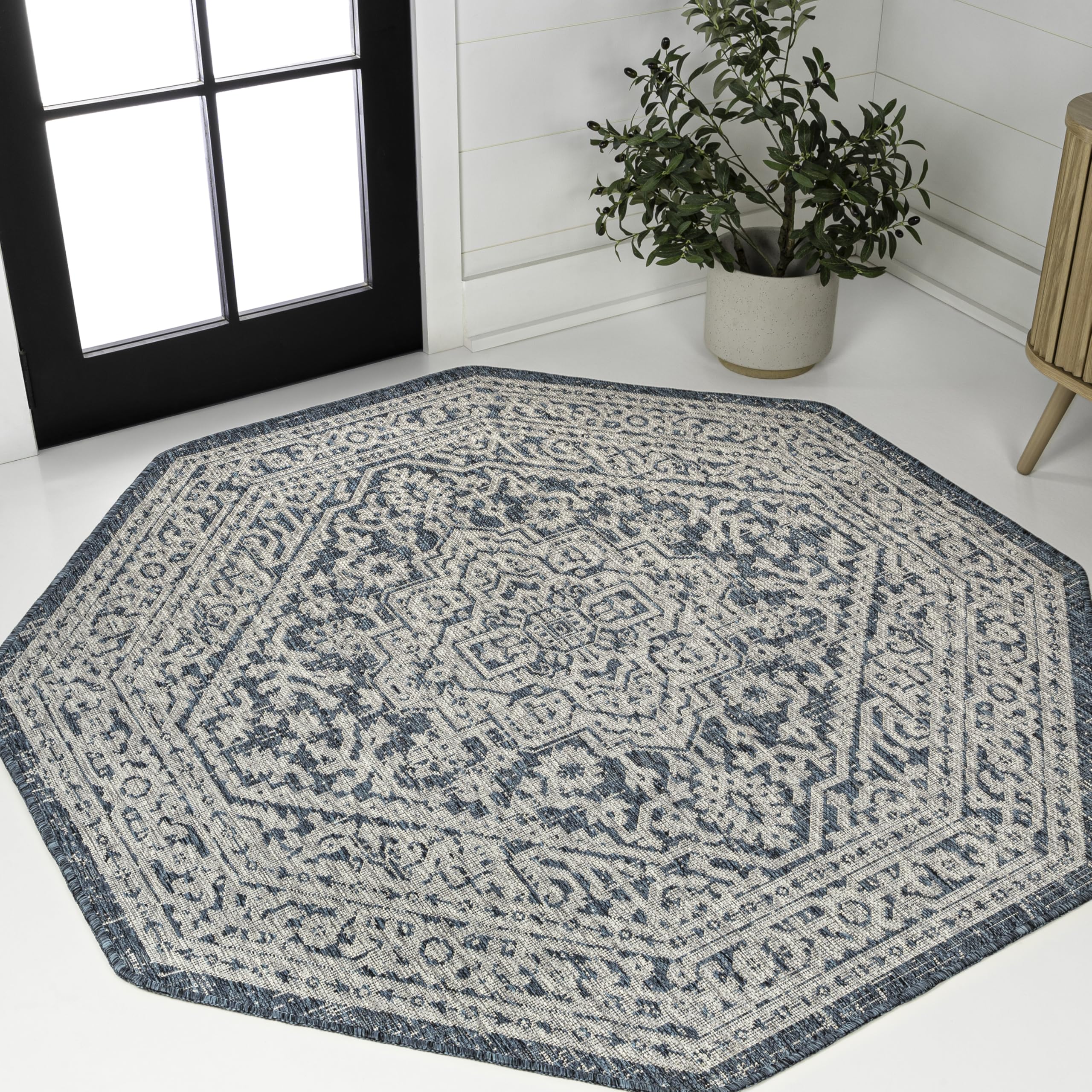 JONATHAN Y Medallion Weave Indoor Outdoor Area Rug 9X12 Teal Blue/Gray, Sinjuri Textured for Backyard, Patio, Porch, Easy-Cleaning, High Traffic, Pet-Friendly, Non-Shedding (SMB101C-9)