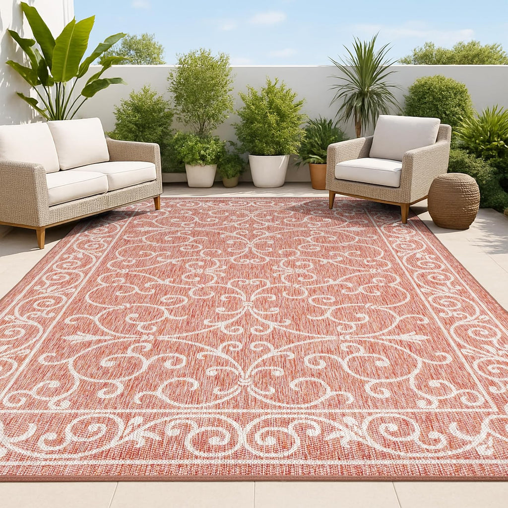 JONATHAN Y Vintage Filigree Indoor Outdoor Area Rug 5X8 Red/Beige, Charleston Textured Weave for Backyard, Patio, Porch, Easy-Cleaning, High Traffic, Pet-Friendly, Non-Shedding (SMB106B-5)