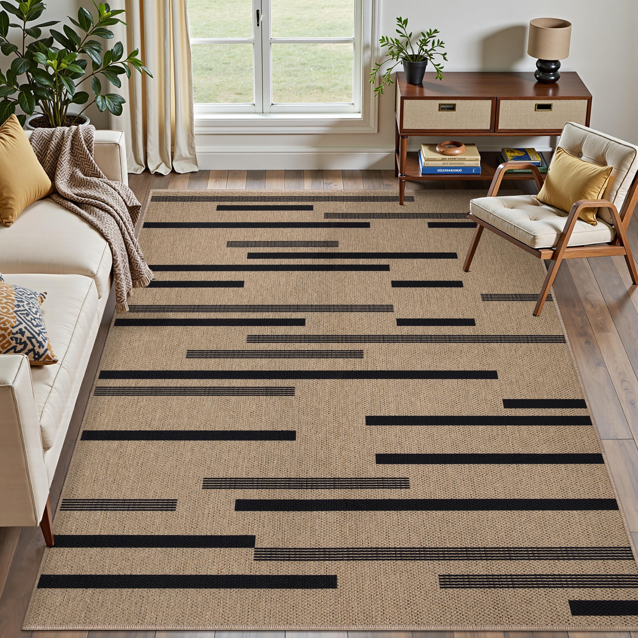 Tangsoo Rainbow Easy Jute Rug 5x7 Large Washable Area Rug for Living Room,Black Non-Slip Thin Outdoor Rug,Modern Farmhouse Indoor Carpet for Dining Room Table Bedroom Patio