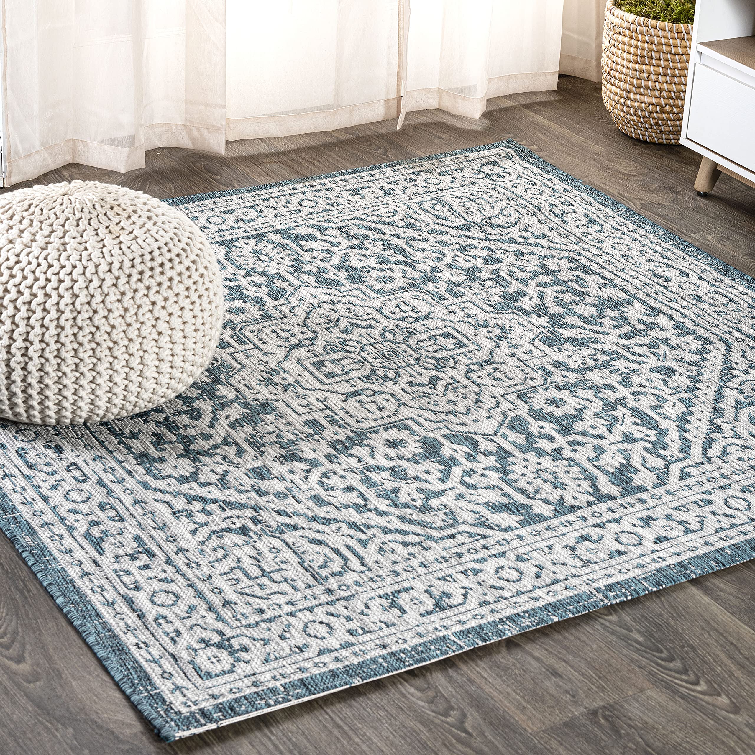 JONATHAN Y Medallion Weave Indoor Outdoor Area Rug 9X12 Teal Blue/Gray, Sinjuri Textured for Backyard, Patio, Porch, Easy-Cleaning, High Traffic, Pet-Friendly, Non-Shedding (SMB101C-9)