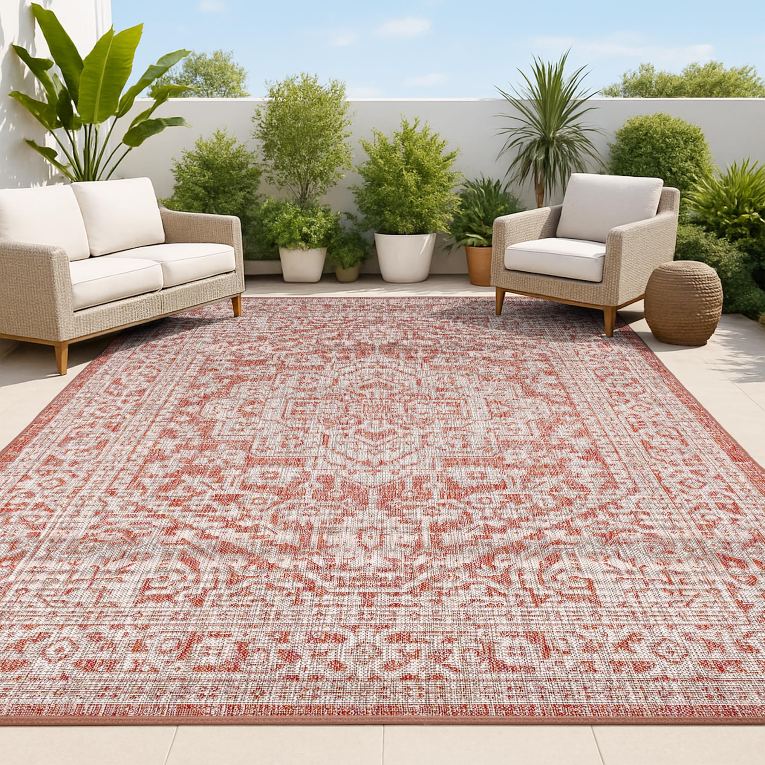 JONATHAN Y Medallion Weave Indoor Outdoor Area Rug 9X12 Teal Blue/Gray, Sinjuri Textured for Backyard, Patio, Porch, Easy-Cleaning, High Traffic, Pet-Friendly, Non-Shedding (SMB101C-9)