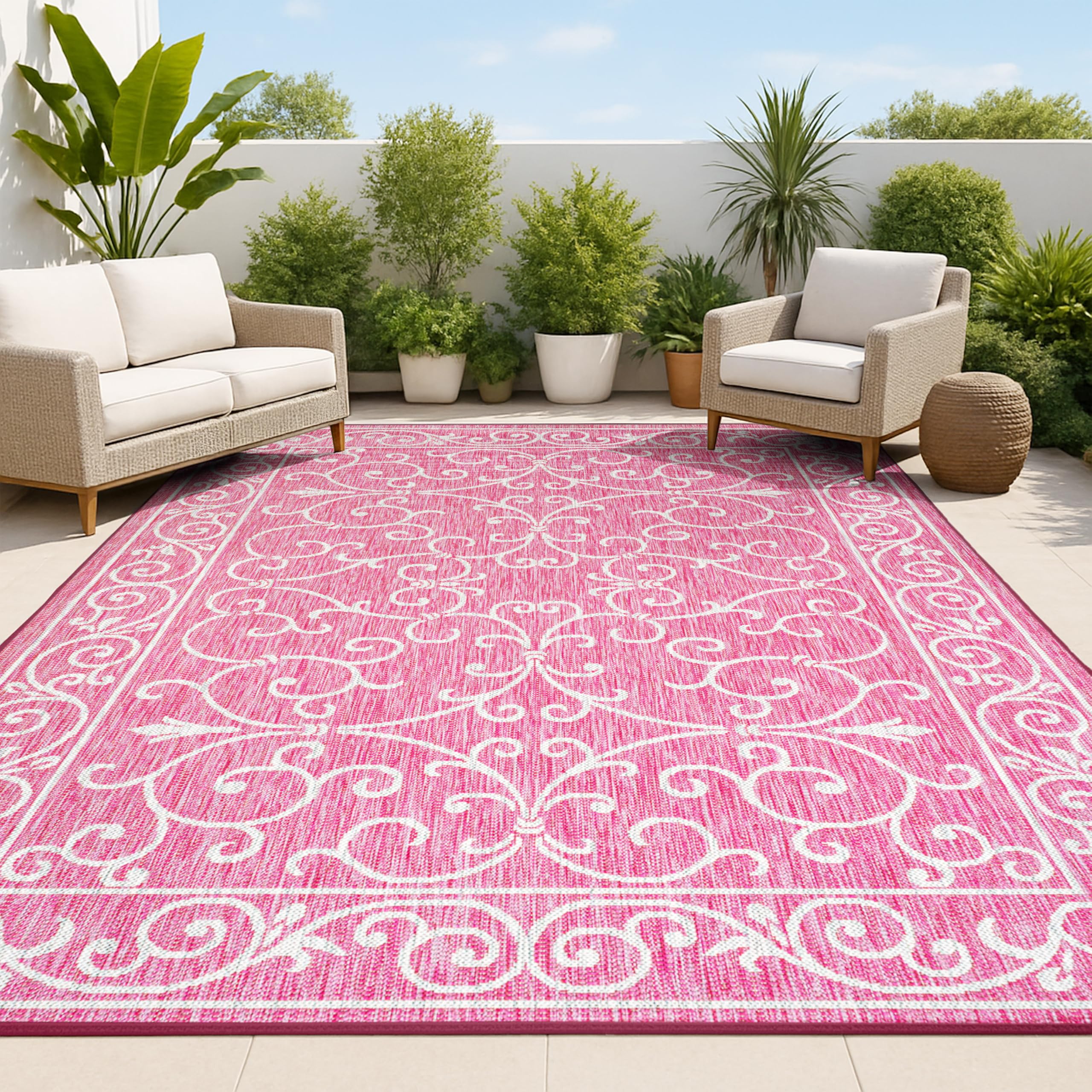 JONATHAN Y Vintage Filigree Indoor Outdoor Area Rug 5X8 Red/Beige, Charleston Textured Weave for Backyard, Patio, Porch, Easy-Cleaning, High Traffic, Pet-Friendly, Non-Shedding (SMB106B-5)