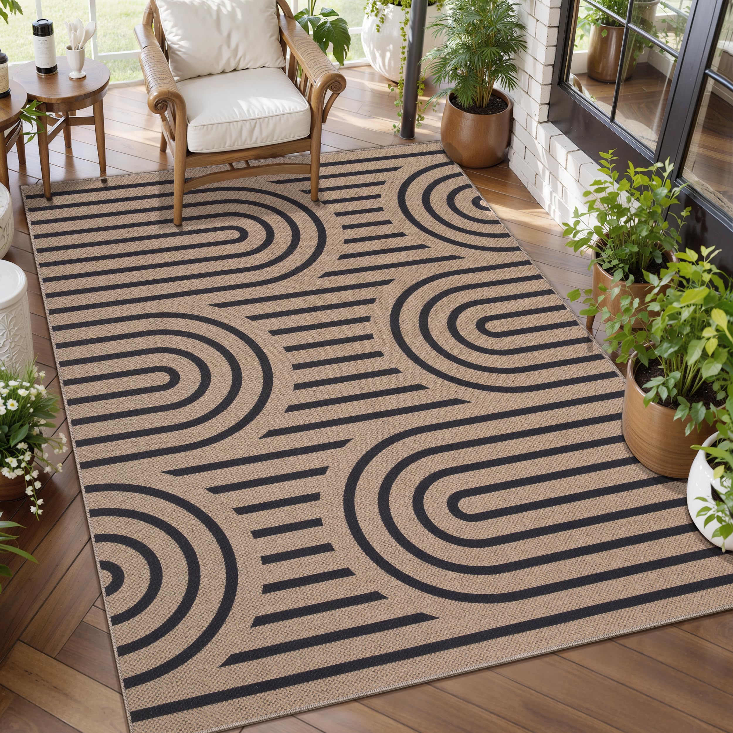Tangsoo Rainbow Easy Jute Rug 5x7 Large Washable Area Rug for Living Room,Black Non-Slip Thin Outdoor Rug,Modern Farmhouse Indoor Carpet for Dining Room Table Bedroom Patio