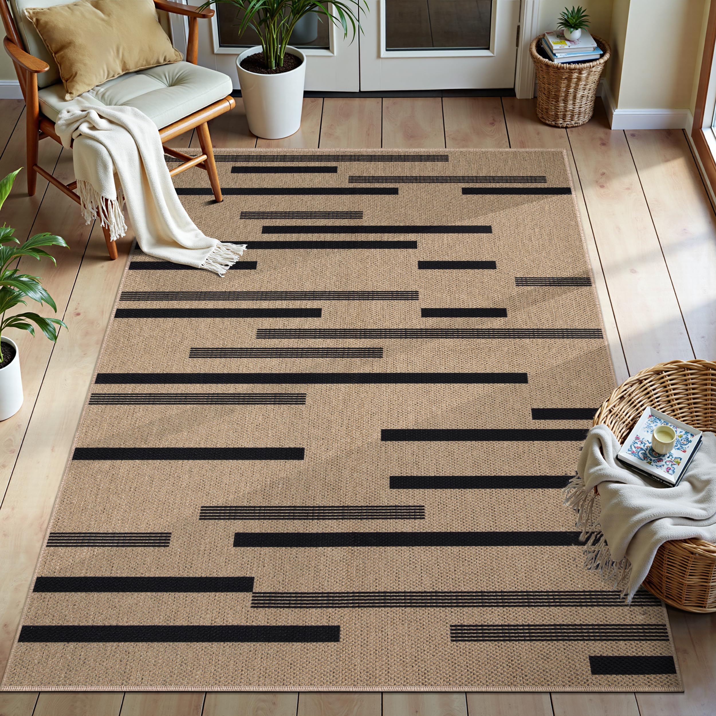 Tangsoo Rainbow Easy Jute Rug 5x7 Large Washable Area Rug for Living Room,Black Non-Slip Thin Outdoor Rug,Modern Farmhouse Indoor Carpet for Dining Room Table Bedroom Patio