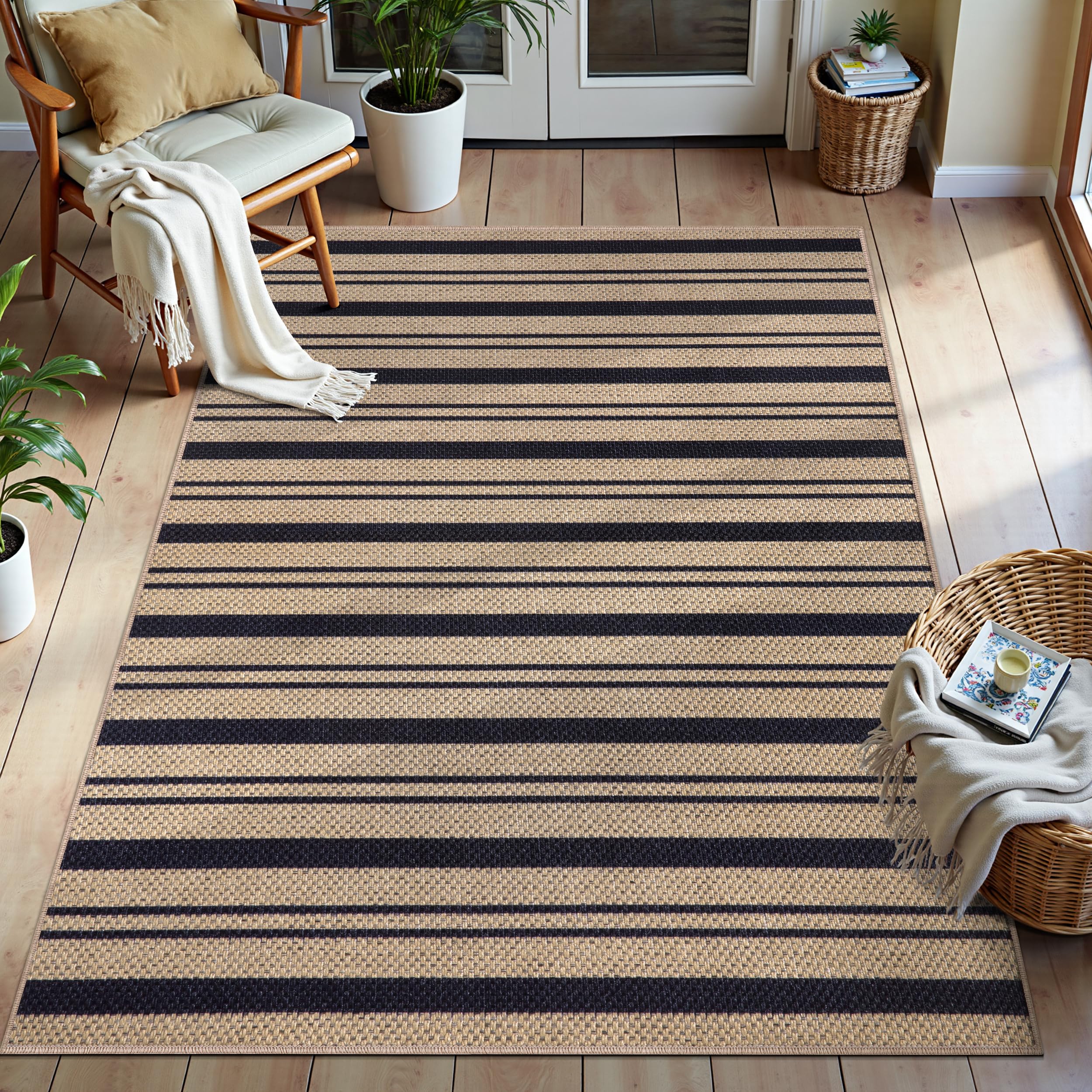 Tangsoo Rainbow Easy Jute Rug 5x7 Large Washable Area Rug for Living Room,Black Non-Slip Thin Outdoor Rug,Modern Farmhouse Indoor Carpet for Dining Room Table Bedroom Patio