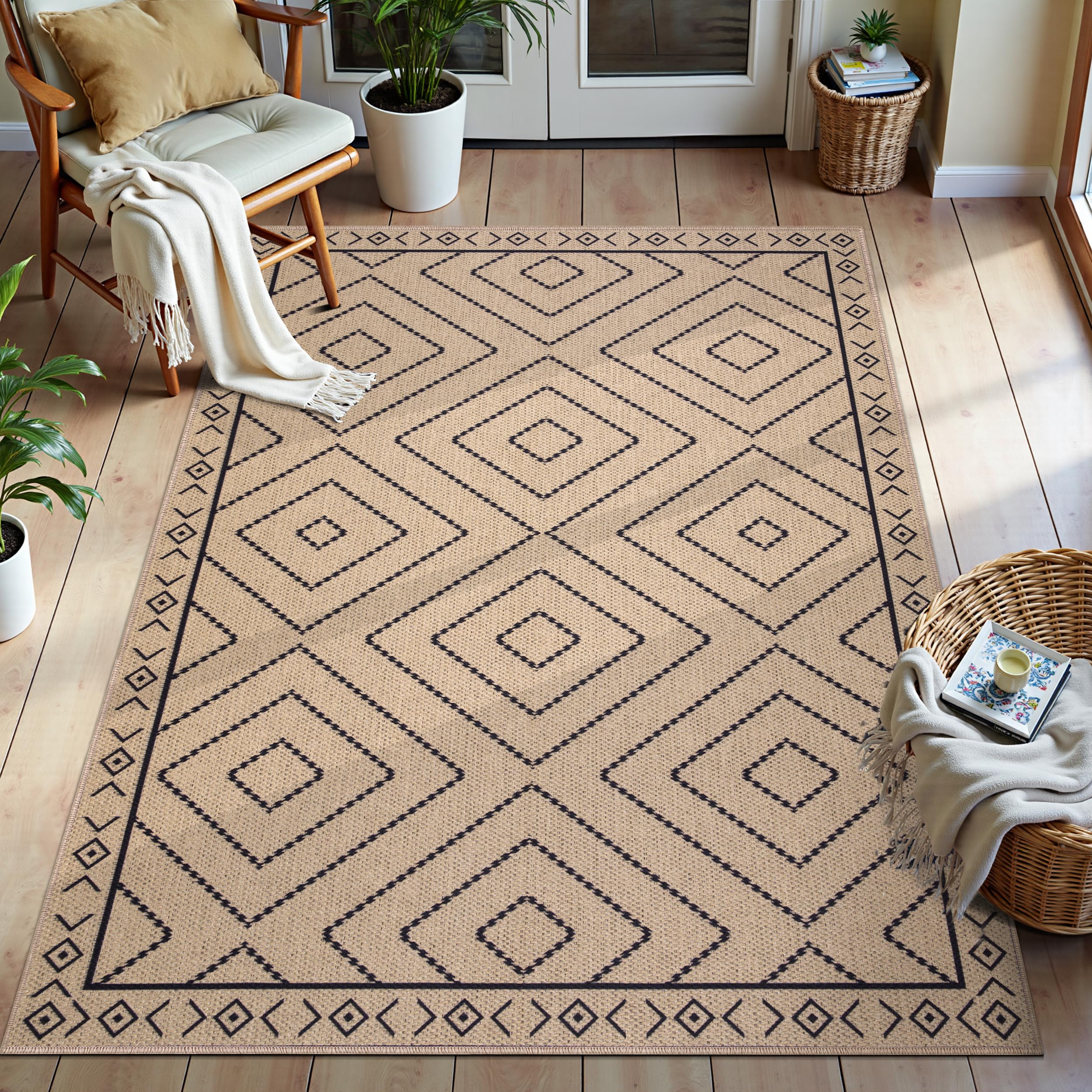 Tangsoo Rainbow Easy Jute Rug 5x7 Large Washable Area Rug for Living Room,Black Non-Slip Thin Outdoor Rug,Modern Farmhouse Indoor Carpet for Dining Room Table Bedroom Patio