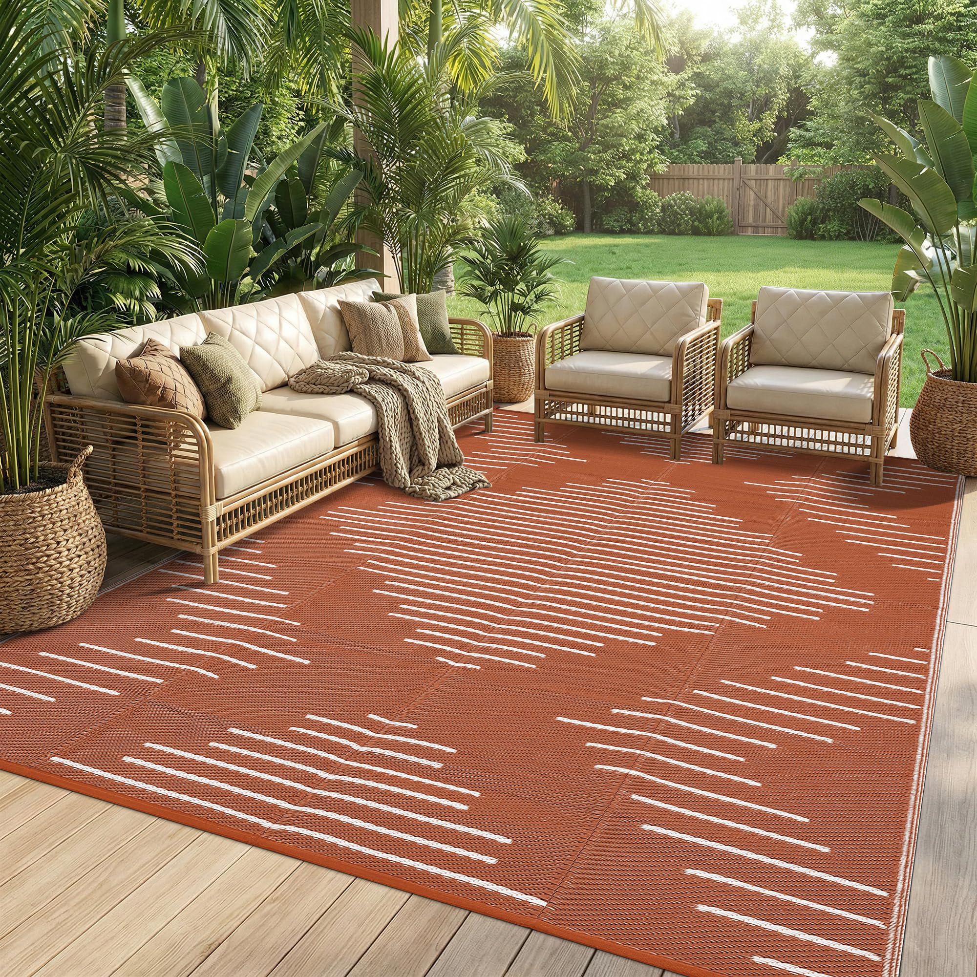 Garvee 6x9 Area Rugs Plastic Reversible Patio Rugs Outdoor Waterproof Easy-Cleaning Large Floor Mat for Outdoors Backyard Porch RV Beach Picnic Black White