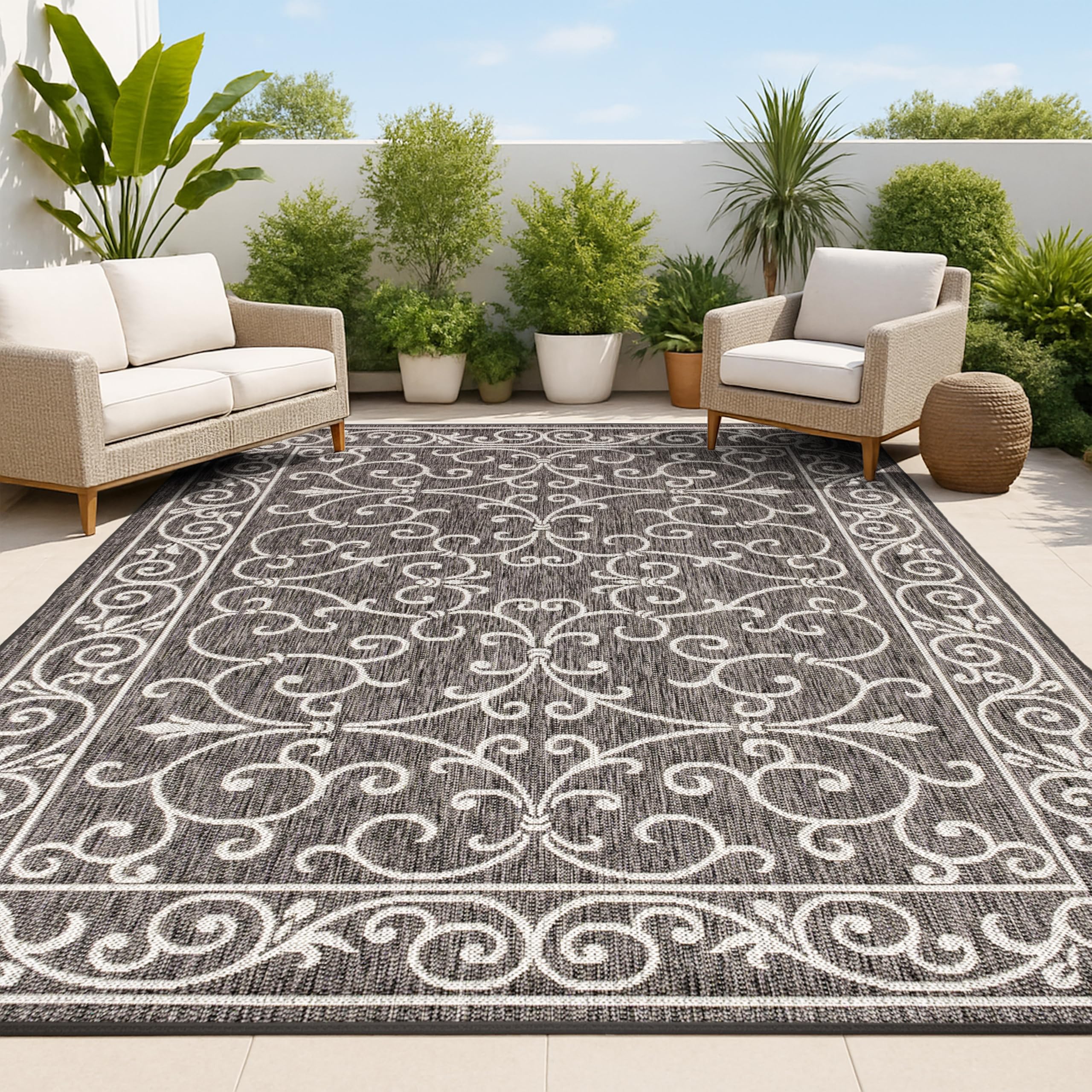 JONATHAN Y Vintage Filigree Indoor Outdoor Area Rug 5X8 Red/Beige, Charleston Textured Weave for Backyard, Patio, Porch, Easy-Cleaning, High Traffic, Pet-Friendly, Non-Shedding (SMB106B-5)