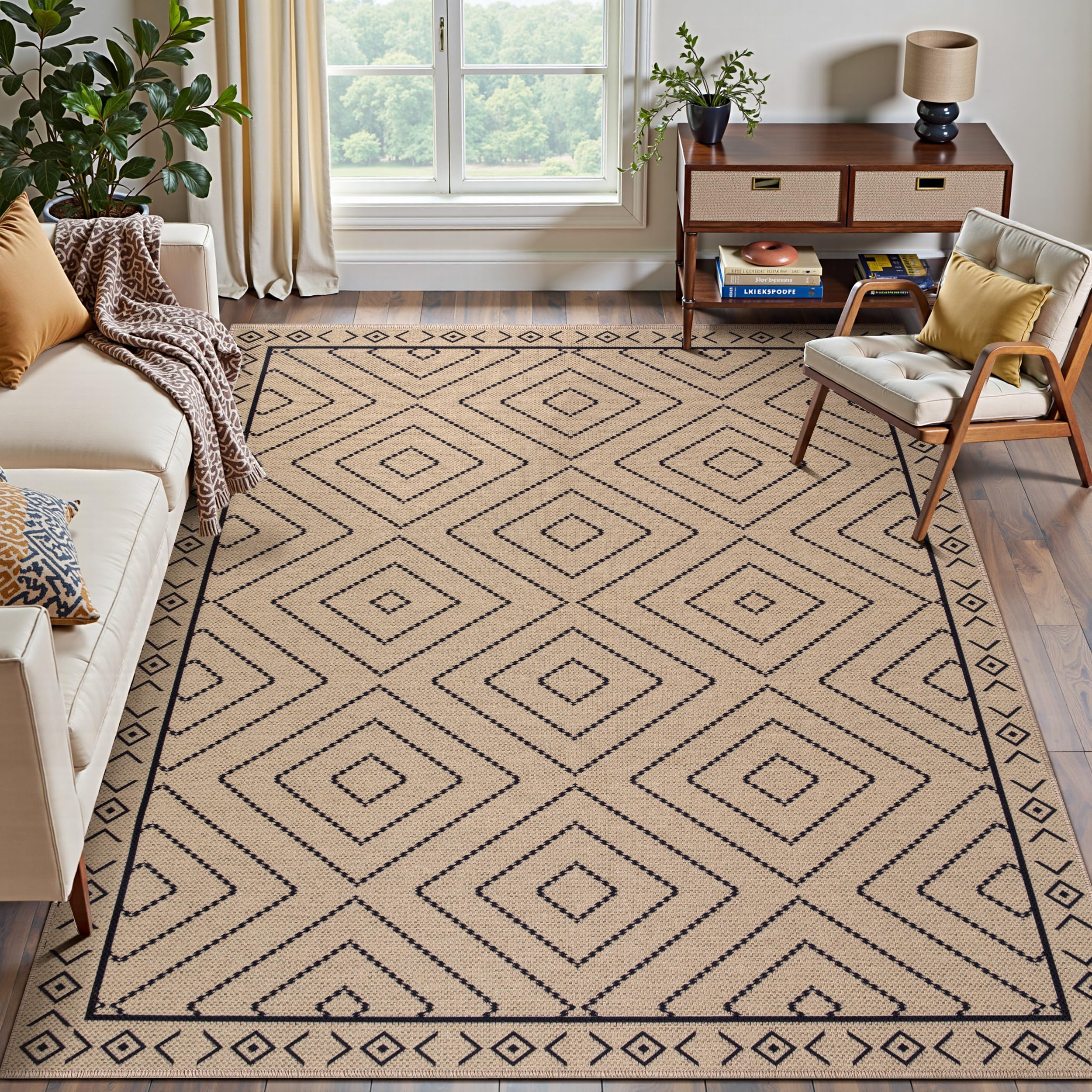 Tangsoo Rainbow Easy Jute Rug 5x7 Large Washable Area Rug for Living Room,Black Non-Slip Thin Outdoor Rug,Modern Farmhouse Indoor Carpet for Dining Room Table Bedroom Patio